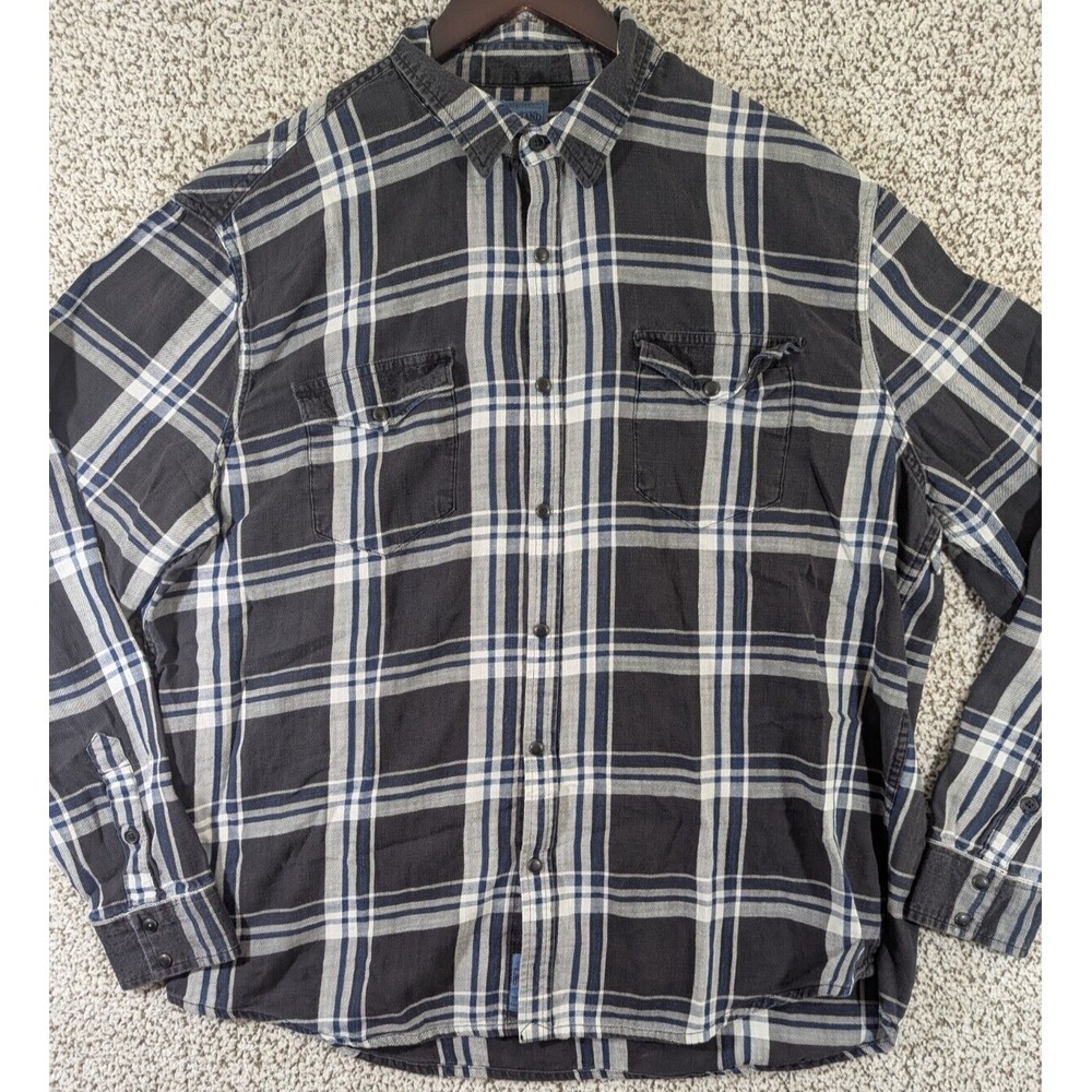 Lucky Brand Shirt Men's 2XL Black‎ Plaid Pearl Snap Button Up Western